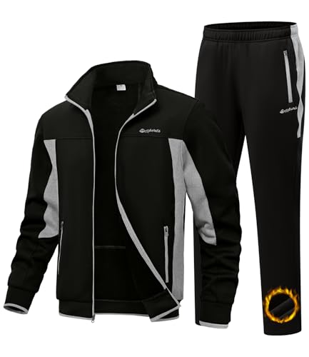BGOWATU Men's Fleece Lined Tracksuits 2 Piece Set Sweatsuit for Men Running Sport Jogging Outfits with Zipper Pockets Black + Light Gray L