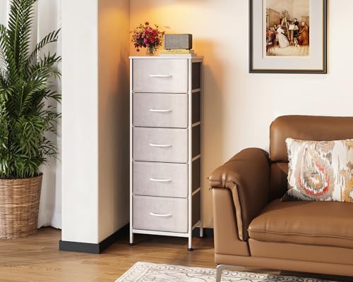 Miniatura 8 de Coleshome Comoda Dormitorio, Comoda Estrecha Y Alta Con 5 Cajones De Tela, Estructura De Acero Resistente Y Tablero De Madera, Ideal Para Dormitorio Y Salón, 40 X 30 X 120 Cm, Gris Claro