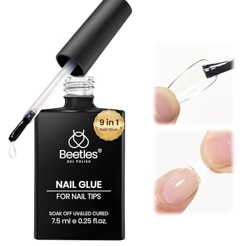 Beetles 9 in 1 Nail Glue Gel for Nail Tips and Clear Acrylic Nails Long Lasting, Curing Needed UV Extension Glue for False Nail Tips and Clear Press on Nails, Summer Nail Art