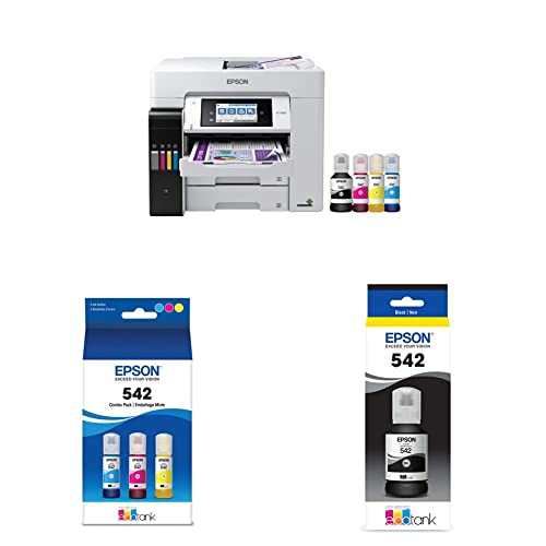 Image of Epson EcoTank Pro ET-5850 Wireless Color All-in-One Supertank Printer with Scanner, Copier, Fax and Ethernet, White & EPSON T542 EcoTank Ink & EPSON T542 EcoTank Ink Ultra-high Capacity Bottle Black