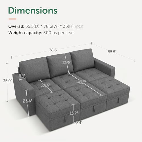 Image of HONBAY Modular Sectional Couch Sleeper Sofa Bed with Storage Seats Oversized Sectional Couches for Living Room,Grey