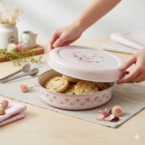 Image of Niyara Premium Stainless Steel Storage Bowl with Lid - Pink Floral Design | Airtight & Durable Kitchen Container for Food, Snacks, Lunch | Decorative Floral Steel Bowl (800ml)