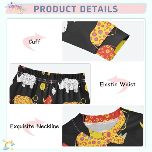 Pajama Sets Long Sleeve Colorful Rhinos on Black Soft Comfy Sleepwear 2 Piece PJS 3-8T4