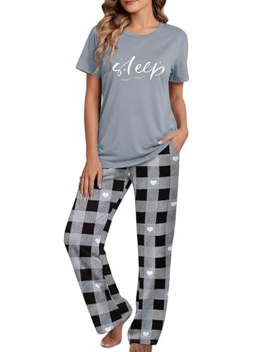 Womens Print Pajamas Sets with Pockets | Two-Piece Pajama Set,Short Sleeve Top Elastic Waist Pants,Minimalist,Crew Neck,Breathable,Sweat-Wicking,Soft Fabric,Home&Out
