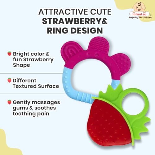 Image of Infantso Non-Toxic Food-Grade Silicone Baby Teether, BPA-Free for Pain-Relief Easy Teething, for 2+ Months Babies (Ring Blue & Strawberry Red)