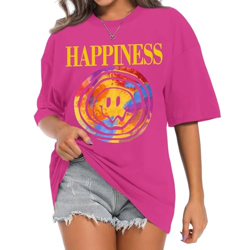 Smile Face Preppy Graphic Tees for Teen Girls Gym Baggy Cute Oversized T Shirts Slogan Aesthetic Tops for Women