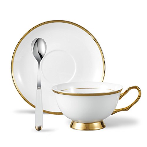 Panbado Set di Tazza e Piattino Bone China Tazzine da caffè Tazze da tè Servizi da caffè Mugs in Porcellana Coffee Cup, Set 1 Pezzi 1 Tazza, 1 Piattino, 1 Cucchiao, 200ml, Bianca Crema e Oro