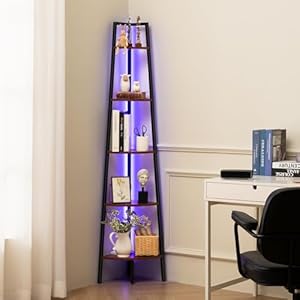 Yoobure Corner Shelf Stand, 5-Tier Bookshelf with LED Lights & Steel Frame, Tall Storage Shelves for Living Room, Bedroom, Office, Multi-Purpose Display Bookcase