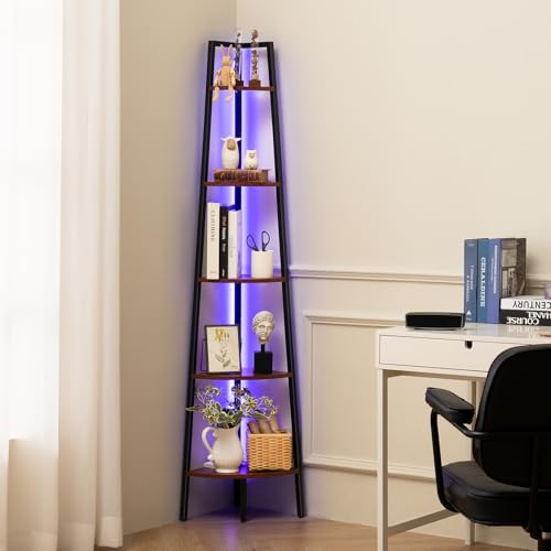 Yoobure Corner Shelf Stand, 5-Tier Bookshelf with LED Lights & Steel Frame, Tall Storage Shelves for Living Room, Bedroom, Office, Multi-Purpose Display Bookcase