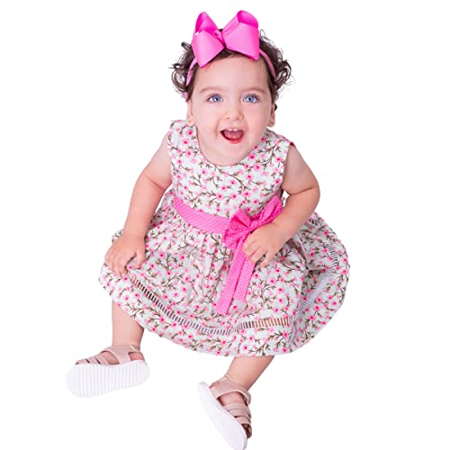 Vestido de Bebê Menina Florido com Tiara 100% Algodão Mundo Nina Kids - Eva Tamanhos:01 (12-18 Meses