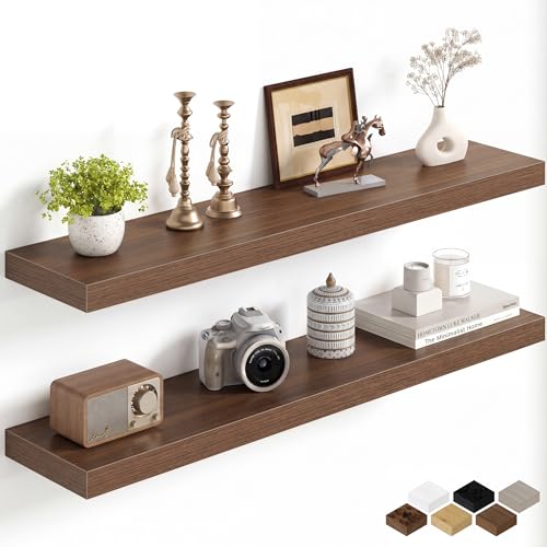 Image of Fun Memories 40Inch Floating Shelves for Wall, 8 Inch Deep Shelves for Bathroom|Bedroom|Kitchen, Large Wall Mounted Wood Hanging Shelf with Invisible Brackets for Home Storage Decor, Walnut - 2 Pack