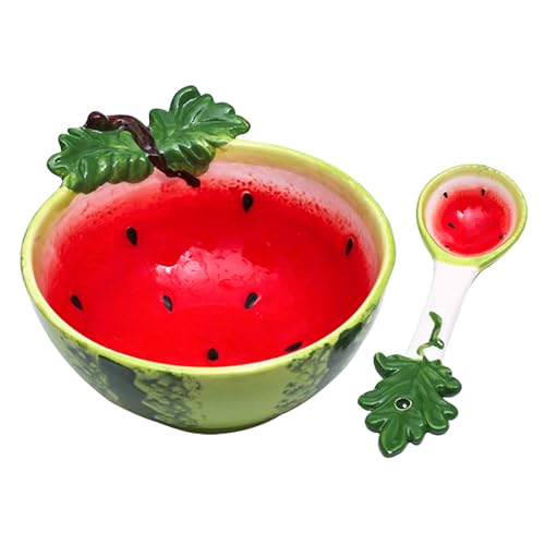 Dalekana Ceramic Watermelon Shape Dessert Bowl 12.6 oz., Creative Handmade Small Bowl with Spoon for Appetizer, Snacks, Salads, Yogurt, Side Dishes, 5.9" L x 4.9" W x 2.5" H