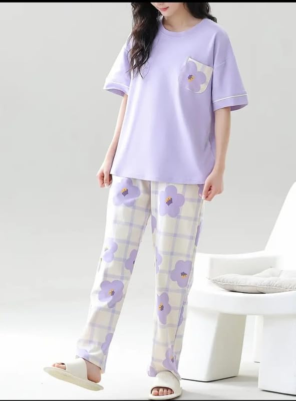 Image of Women's Pajama Set with Top & Pants|| Korean Night Wear|| Loose Fit Home Wear || Lightweight Printed Set || Soft & Comfy Girls & Women