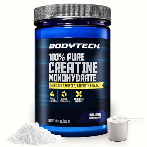 BodyTech Creatine Monohydrate Powder Unflavored Micronized Creatine Formula for Men and Women 5g per Serving Pre Workout & Post Workout Supplement Gluten Free Sugar Free 10.58 Oz 60 Servings