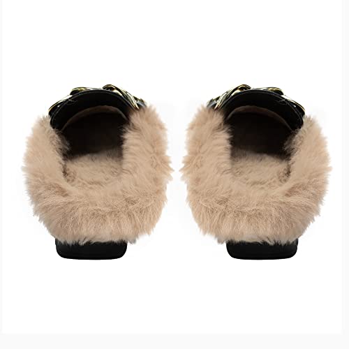Athlefit Women's Flat Mules Backless Slip On Slides Loafers Chain Closed Toe Fur Mules For Women Black Size 8.5 #TOP3
