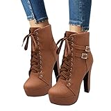 Minetom Plateau Damen Stiefeletten Blockabsatz High Heels Ankle Boots Stiefel Kurz Stiefel Mit Schnürsenkel Worker Boots A Braun 39 EU