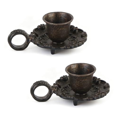 NIKKY HOME Vintage Small Brown Taper Candle Holders Set of 2 Handle Design