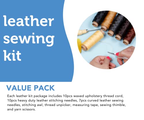 Incraftables Leather Sewing Kit. Heavy Duty Stitching Craft Working Tools Set. Upholstery Repair Kit w/ Waxed Thread Cord, Needles, Tape, Awl, Scissors, Unpicker & Thimble for Beginner Hand Sewing - Thumbnail 6