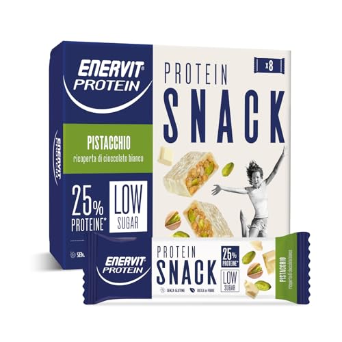 Enervit, Protein Snack al Pistacchio e Cioccolato Bianco, Low Sugar, Ricoperta di Cioccolato Bianco, Barrette Proteiche, Per il Controllo del Peso, Senza Glutine, 8 Barrette da 27g