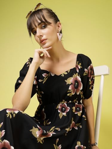 Image of OOMPH! Below Knee Shift Pink Dress in Crepe Fabric with Round Neck and Puff Sleeves - md619l