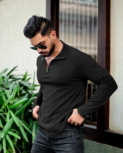 KAJARU Men's Polyester Blend T Shirt with Spread Collar Neck Line Zipper Closure Full Sleeves Solid Pattern Regular Fit and Standard Length 6 41XKzHLAi3L