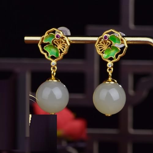 Boucles d'oreilles Jade de Hetian argent massif et émail ajouré style rétro - 3
