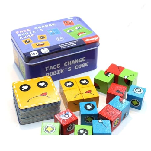 Image of Kiddie Galaxia Smiley Face Emoji Cube Face Changing Game for Kids Face Expression Matching Block Puzzle Toy with Bell Preschool Educational Learning Memory Building Board Games