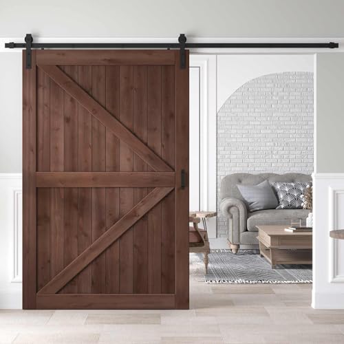 ROYMELO 54x84 inch Sliding Barn Wood Door Slab with 9ft Hardware Kit and Handle, Coffee, K Shape, Simple DIY Assembly ROYMELO 54x84 inch Sliding Barn Wood Door Slab with 9ft Hardware Kit and Handle, Coffee, K Shape, Simple DIY Assembly