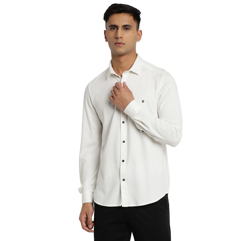Image of Turtle Men White Knitted Printed Slim Fit Casual Shirts