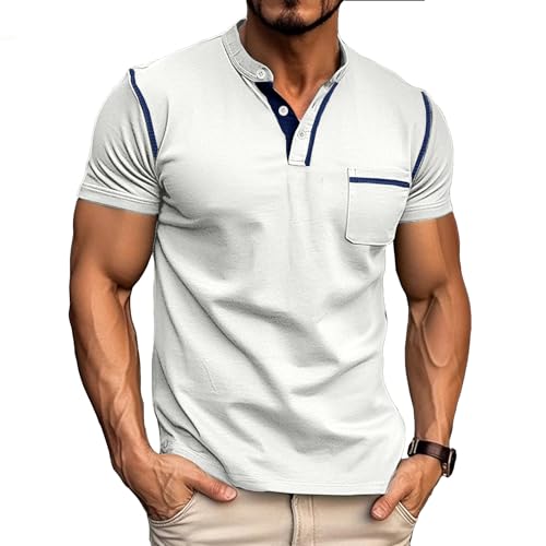 Henley Kurzarm T-Shirts für Herren Baumwolle Hemd Sommer Freizeithemd mit Tasche Knopfleiste Slim Fit T-Shirt Weiß XXL
