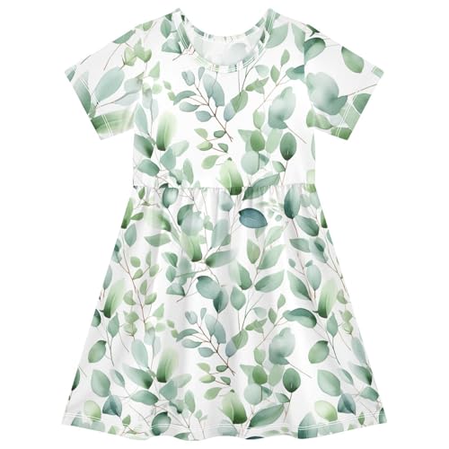Emelivor Eucalyptus Green Leaves Watercolor Girls Dresses Short Sleeve Twirly Sundress