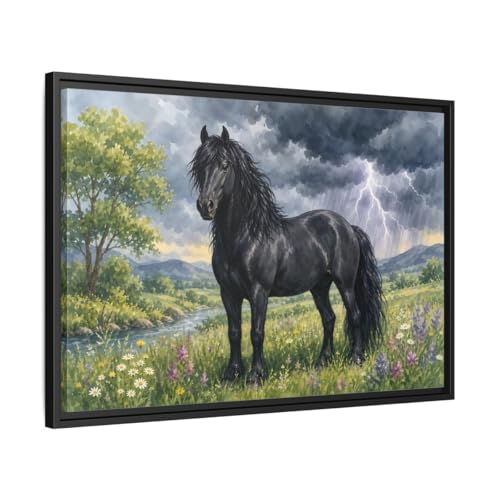 Tableau cheval noir storm sur toile pour habiller un grand mur vide de salon