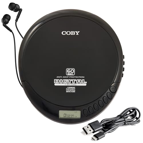 Coby Portable CD Player with Headphones, Battery-Powered CD Music Player with FM Radio and MP3 Compatibility, Shockproof and 60-Second Anti-Skip Technology, Programmable Track List, CD191ABK