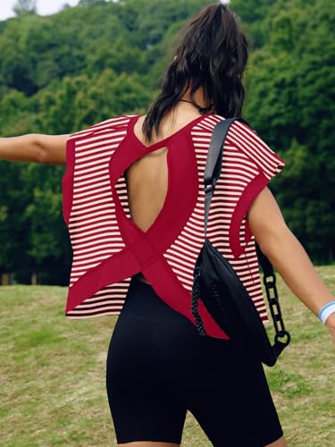 Image of SENSERISE Womens Open Back Workout Tops Backless Short Sleeve Athletic Shirt Running Crop Top Gym Yoga Tee
