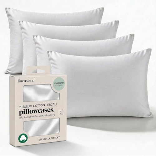 linensland - 4 Pack Egyptian Cotton Pillow Cases - 250 Thread Count Premium Hotel Quality Soft & Breathable Envelope Closure Pillowcases - Standard Size (50x75 cm) White