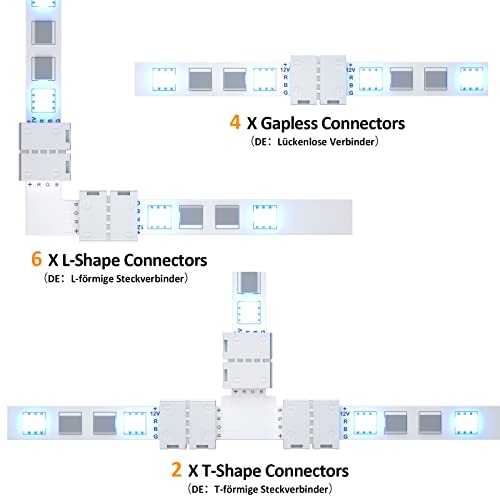 Łącznik taśmy LED, przedłużenie taśmy LED, łącznik narożny do taśm LED, klipsy mocujące, do taśm LED 10 mm, 4-biegunowa taśma LED RGB 5050