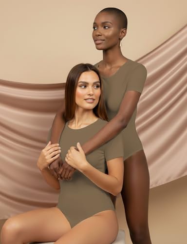 Image of YOGINGO Womens Short Sleeve Bodysuit Crew Neck Slim Fit Basic Body Suit Top Soft Stretch Leotard