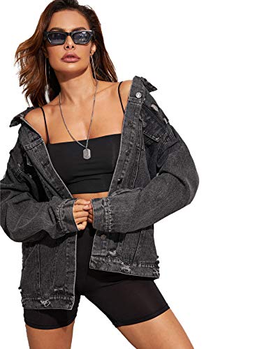 Floerns Women's Casual Ripped Button Down Long Sleeve Jean Denim Jacket Black L