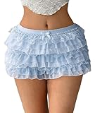 Women Y2k Lace Layered Mini Skirt Low Rise Ruffle Short Tiered Skirt Cute Aline Multi Layer Cake Skirts(Puffy Sky Blue,Small)