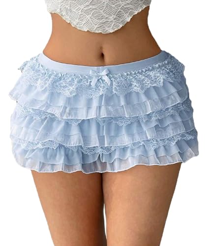 Women Y2k Lace Layered Mini Skirt Low Rise Ruffle Short