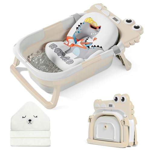 Image of MoreFeel Collapsible Baby Bathtub for Newborn with Thermometer & 1 Hooded Towel & 1 Soft Floating Cushion,Portable Travel Bathtub with Drain Hole, Durable Foldable Baby Tubs for Infants to Toddler