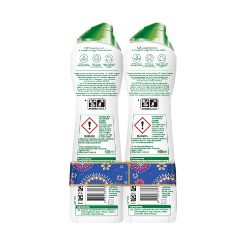 Image of Cif Original Multipurpose Surface Cleaner Cream for Kitchen & Bathroom, Ocean Breeze Scent, 100% Dirt Removal with Natural Cleaning Particles, 2x500ml