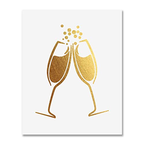 Digibuddha Champagne Toast Gold Foil Art Print Bar Cart Sign Wedding Reception Drinks Party Decor Clinking Flutes 8 Inches X 10 Inches A15 cover