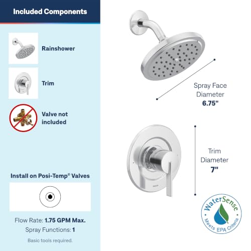 Kit de grifería para ducha redonda tipo lluvia Moen T2262EP Cia PosiTemp Eco-Performance con manija única, acabado cromado, válvula no incluida miniatura 3
