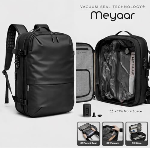 Image of Meyaar 60L Vacuum Compression Travel Backpack with Air Pump Included, Expandable Space Saver, Waterproof, TSA Lock & Multi-Pocket Design Laptop Backpack with USB Charging