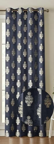 Image of Premium Velvet Window Curtains 5 Feet, Golden Foil Matka Design Room Darkening Curtains for Window, Thermal Insulated Parda - 4 feet x 5 feet (48 x 60 Inch) - 1 Pcs Navy Colour