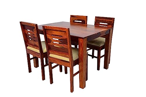 Image of Custom Decor Solid Sheesham Wood Dining Table 4 Seater for Dining Room Living Room | Wooden Dining Set 4 Seater for Home Office | Dining Table Set with 4 Chairs | Chairs with Cushions | Honey Finish