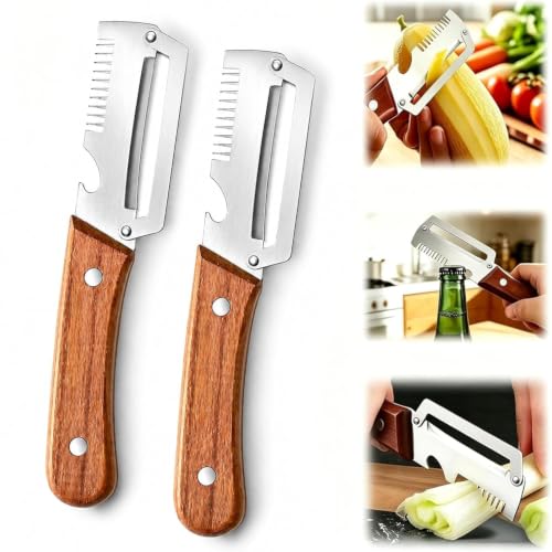 Image of 3-in-1 Vegetable Peeler for Kitchen with Bottle Opener, Dual Stainless Steel Blades & Wooden Handle, Multifunction Fruit and Potato Peeler for Carrot, Cucumber, Apple & Vegetables (2)