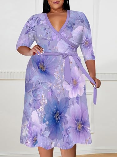 Image of PinkPatty Women's Plus Size Maxi Dress Print 3 /4 Sleeves V Neck Party Sundress Wedding Guest Dresses