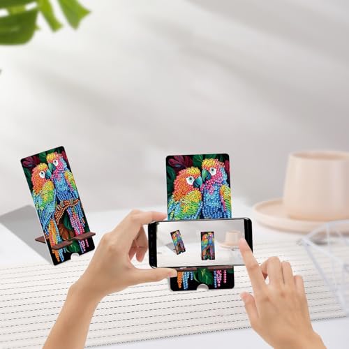 Image of Parrot Diamond Painting Phone Stand with Mirror, DIY Wooden Diamond Art Desktop Phone Holder, 2-in-1 Crystal Rhinestone Diamond Painting Craft and Tabletop Mirror